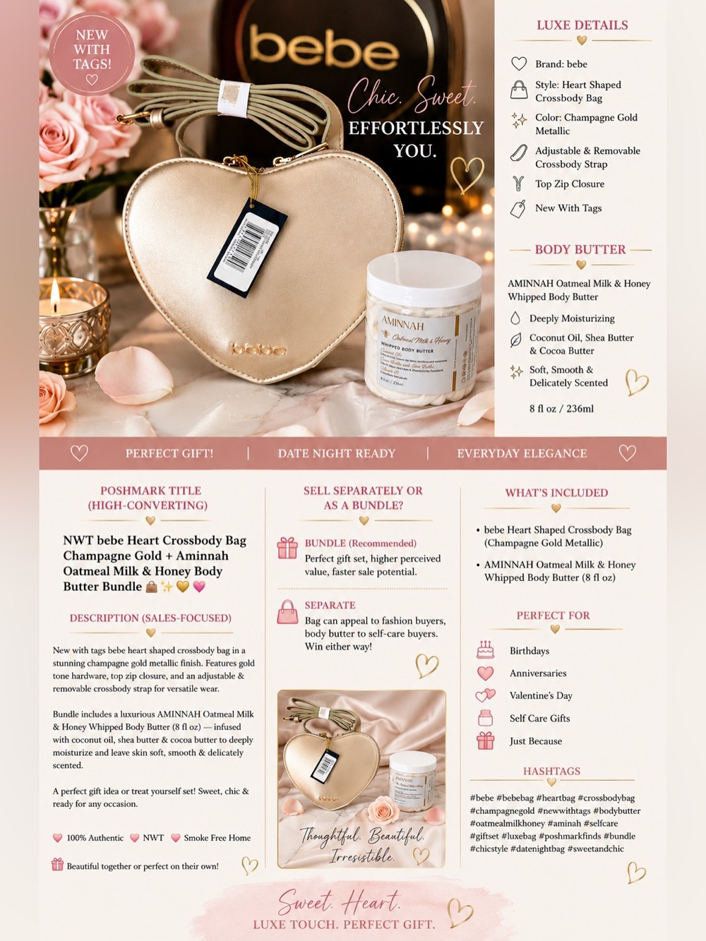 NWT bebe Heart Crossbody + Aminnah Oatmeal Milk & Honey Body Butter Bundle